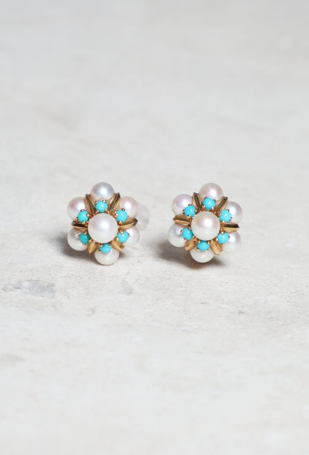 Vintage Fine Jewelry 18k Gold, Pearl and Turquoise Clip Earrings - 1