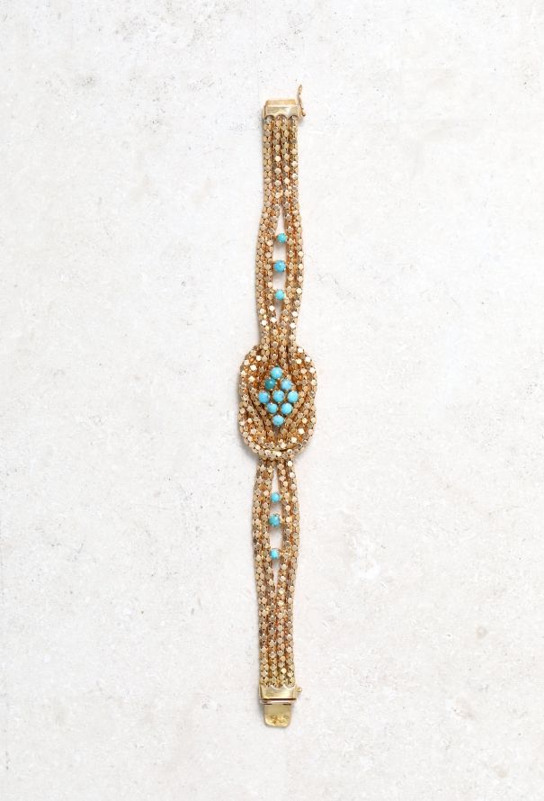 Vintage Fine Jewelry 18k Yellow Gold & Turquoise Mesh Knot Bracelet - 4