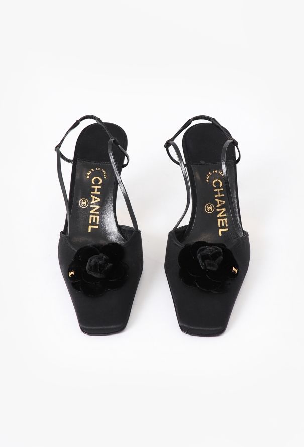 Chanel Velvet Camélia Satin Slingbacks - 3