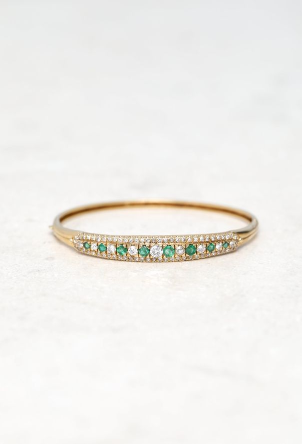 Vintage Fine Jewelry 18k Yellow Gold, Diamond & Emerald Bangle - 1