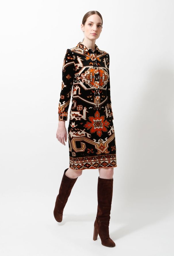 Exquisite Vintage Leonard '60s Graphic Velvet Shirt Dress - 4