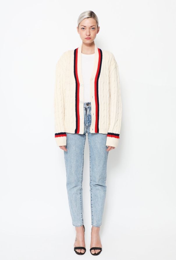 Cableknit Striped Trim Cardigan - 2