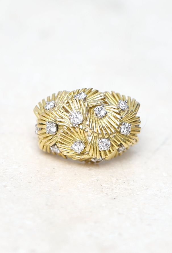 Vintage Fine Jewelry 18k Yellow Gold & Diamond Flower Bed Ring - 1