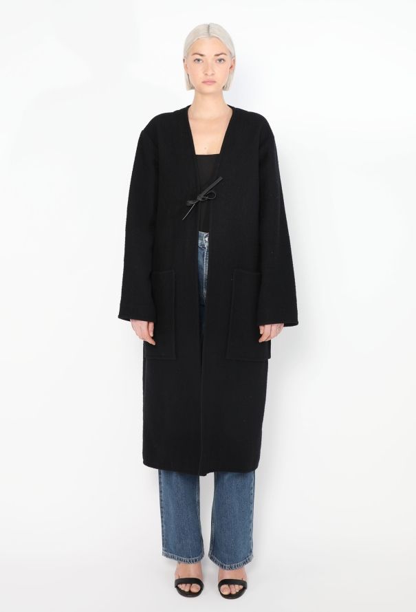Céline Navy Belted Collarless Coat - 4