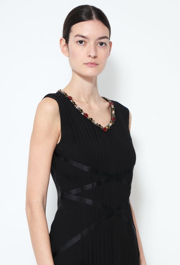 Chanel Pleated Silk Jewel Trim Dress - 3