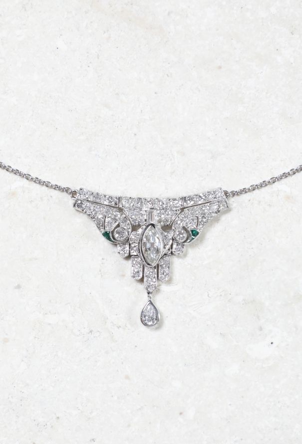 Vintage Fine Jewelry Platinum, 18k White Gold, Diamond and Emerald Necklace - 1