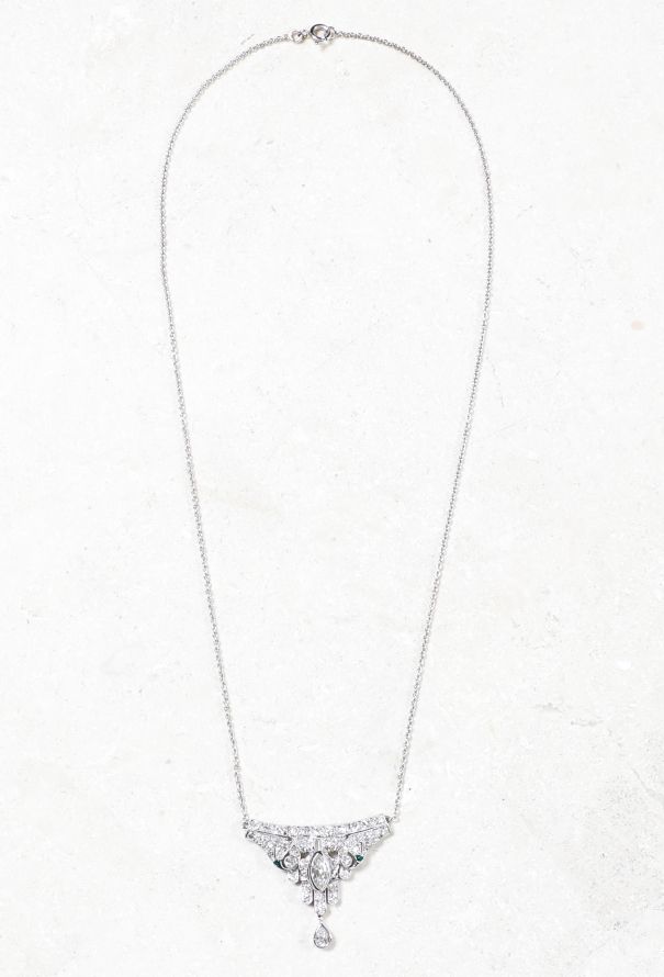 Vintage Fine Jewelry Platinum, 18k White Gold, Diamond and Emerald Necklace - 2