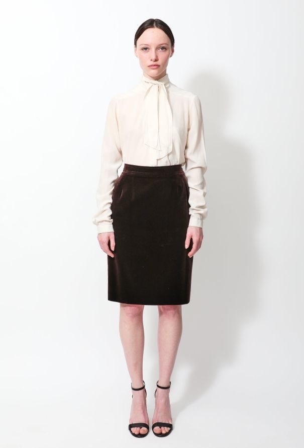 Saint Laurent Vintage Chocolate Velvet Pencil Skirt - 1