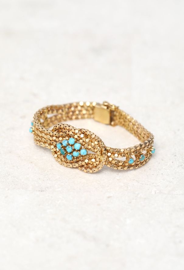 Vintage Fine Jewelry 18k Yellow Gold & Turquoise Mesh Knot Bracelet - 2