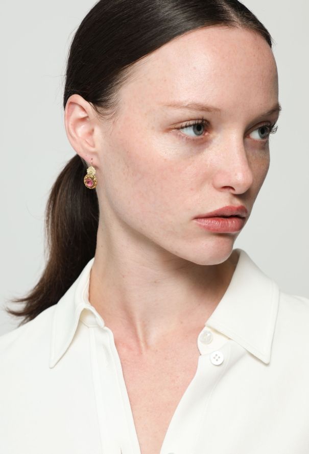 Vintage Fine Jewelry Antique 18k Gold & Pink Stone Mono Earring - 2