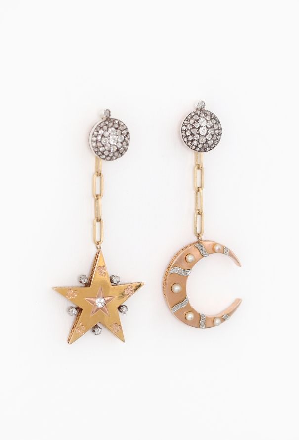 Vintage Fine Jewelry Antique 18k Gold, Silver & Diamond Star & Moon Earrings - 2