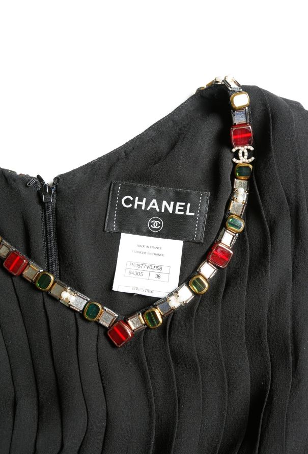Chanel Pleated Silk Jewel Trim Dress - 5