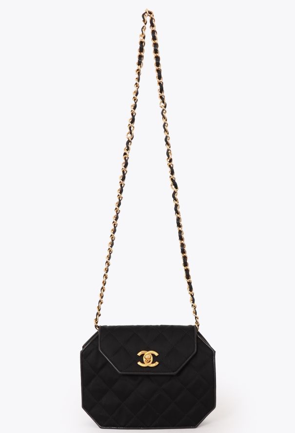 Chanel '90s Black Satin Octagon Classic Chain Bag - 1
