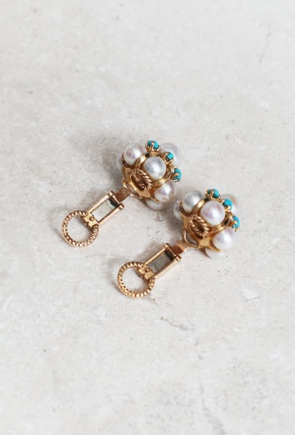 Vintage Fine Jewelry 18k Gold, Pearl and Turquoise Clip Earrings - 4