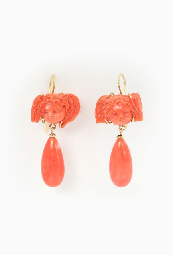 Vintage Fine Jewelry 18k Yellow Gold & Coral Angel Earrings - 1