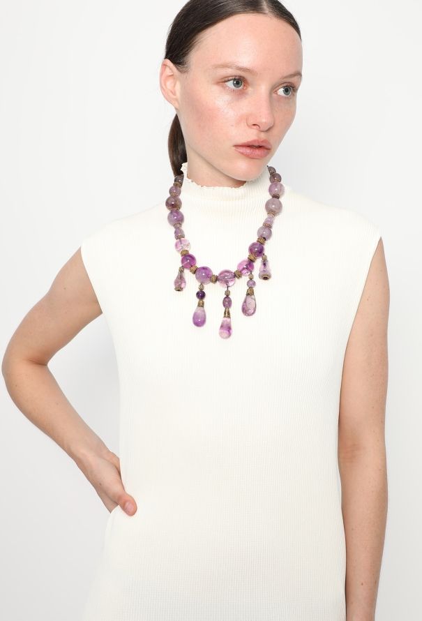 Vintage Fine Jewelry Brass, Amethyst & Rose Quartz Necklace - 2