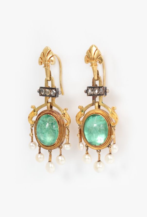 Vintage Fine Jewelry Antique 18k Gold, Diamonds & 5 Carats Emerald Earrings - 3