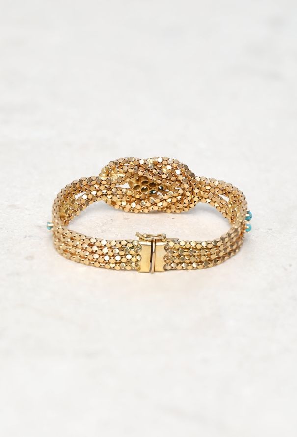 Vintage Fine Jewelry 18k Yellow Gold & Turquoise Mesh Knot Bracelet - 5
