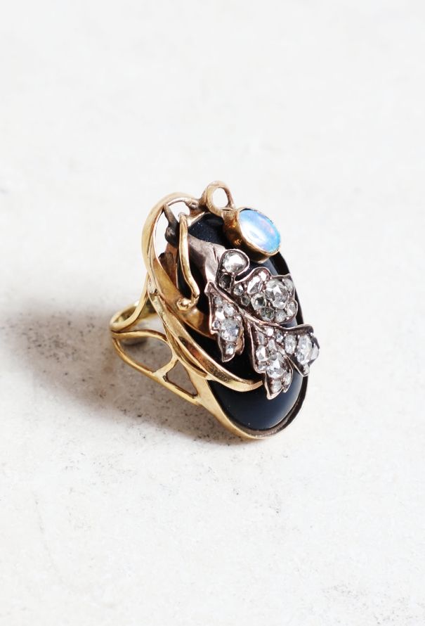 Vintage Fine Jewelry Art Nouveau 18k Gold, Blue Agate, Opal & Diamond Ring - 3