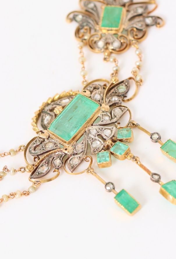 Vintage Fine Jewelry 18k Yellow Gold, Emerald & Diamond Arabesque Necklace - 5