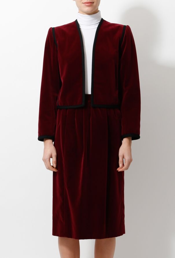 Saint Laurent 80s Burgundy Velvet Skirt Ensemble - 2
