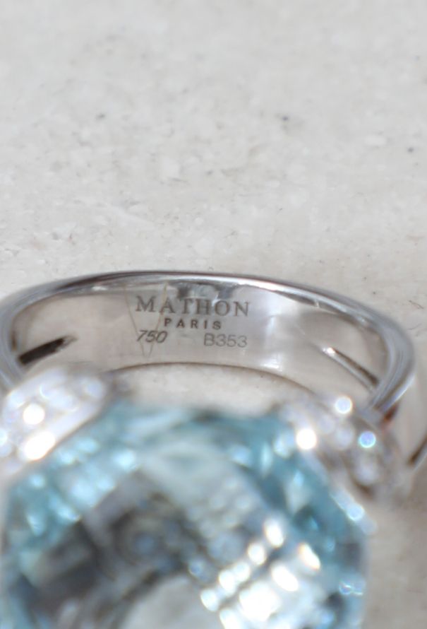 Vintage Fine Jewelry Mathon 18K Gold Aquamarine & Diamond Cocktail Ring - 7