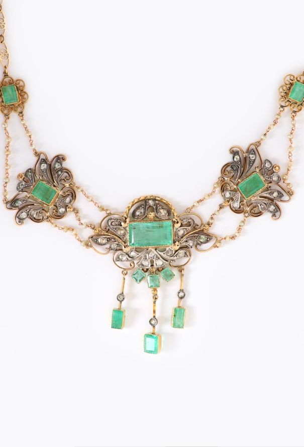Vintage Fine Jewelry 18k Yellow Gold, Emerald & Diamond Arabesque Necklace - 3