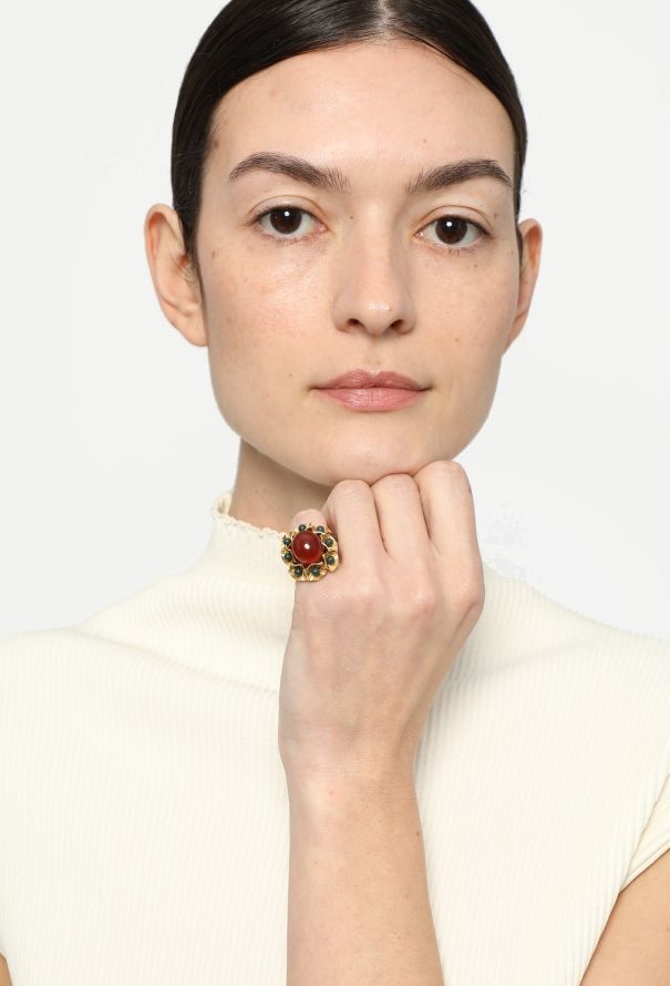 Vintage Fine Jewelry 18k Yellow Gold, Carnelian & Green Jasper Ring - 1