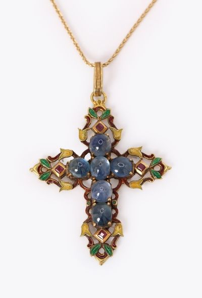 Vintage Fine Jewelry Antique 18k Yellow Gold, Enamel & Sapphire Cross Pendant - 1