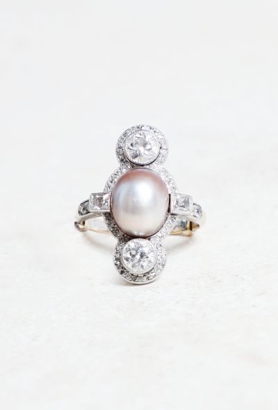 Vintage Fine Jewelry Antique 18k Gold Diamond & Natural Pearl Ring - 2